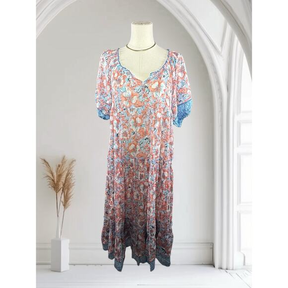 Poupette St Barth Floral Boho Midi Dress | Blue Orange Print | Size XS - Picture 2 of 14